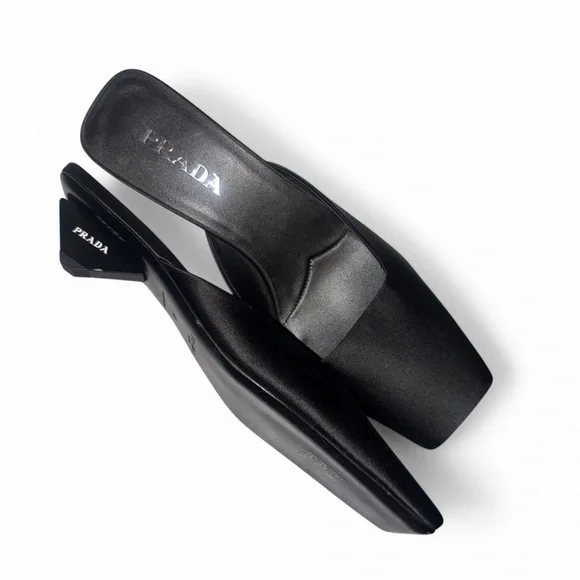 PRADA Satin Triangle Heel Mules Black Square Toe Kitten Heel IT 40 US 10 Slides - Picture 4 of 13